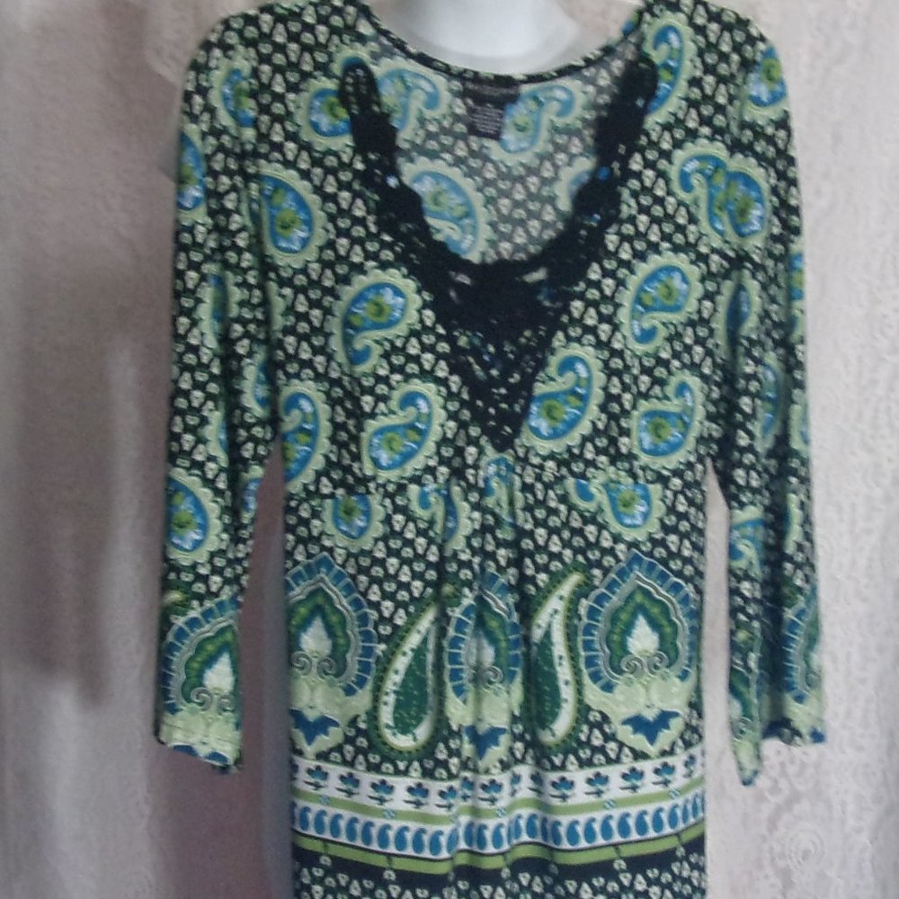 Bay Studio Green Teal Black Paisley Top Black Crochet at Neckline Size X…